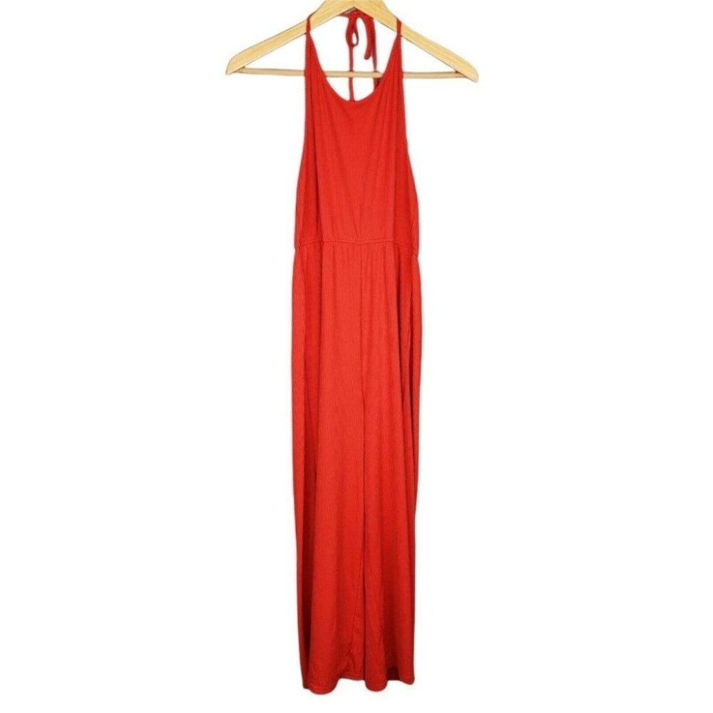 Revamped Red Halter Neck Ribbed Wide Leg Cropped Jumpsuit Cute Size Medium NWT